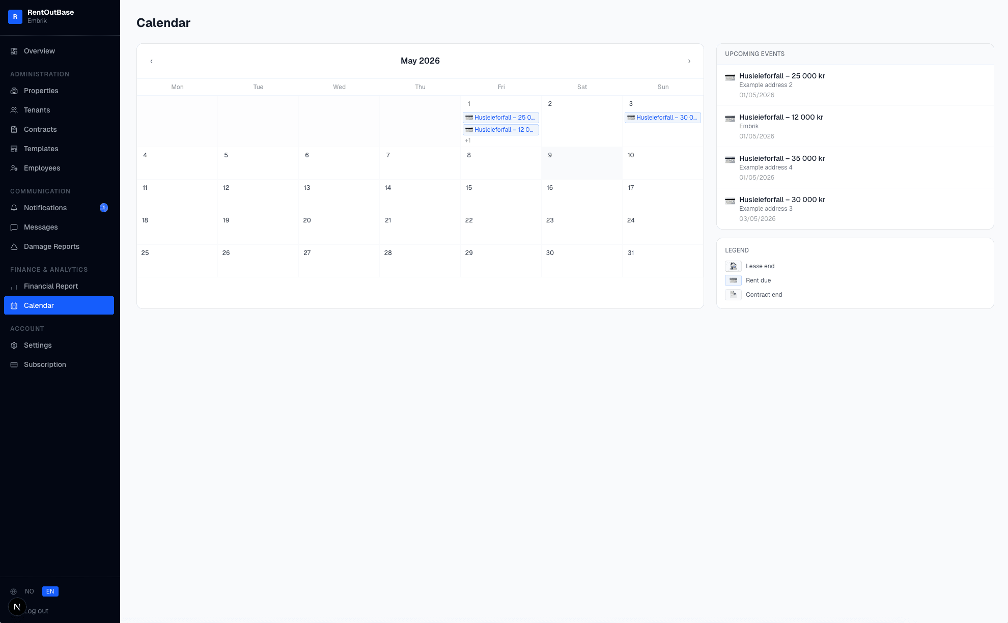 RentOutBase calendar