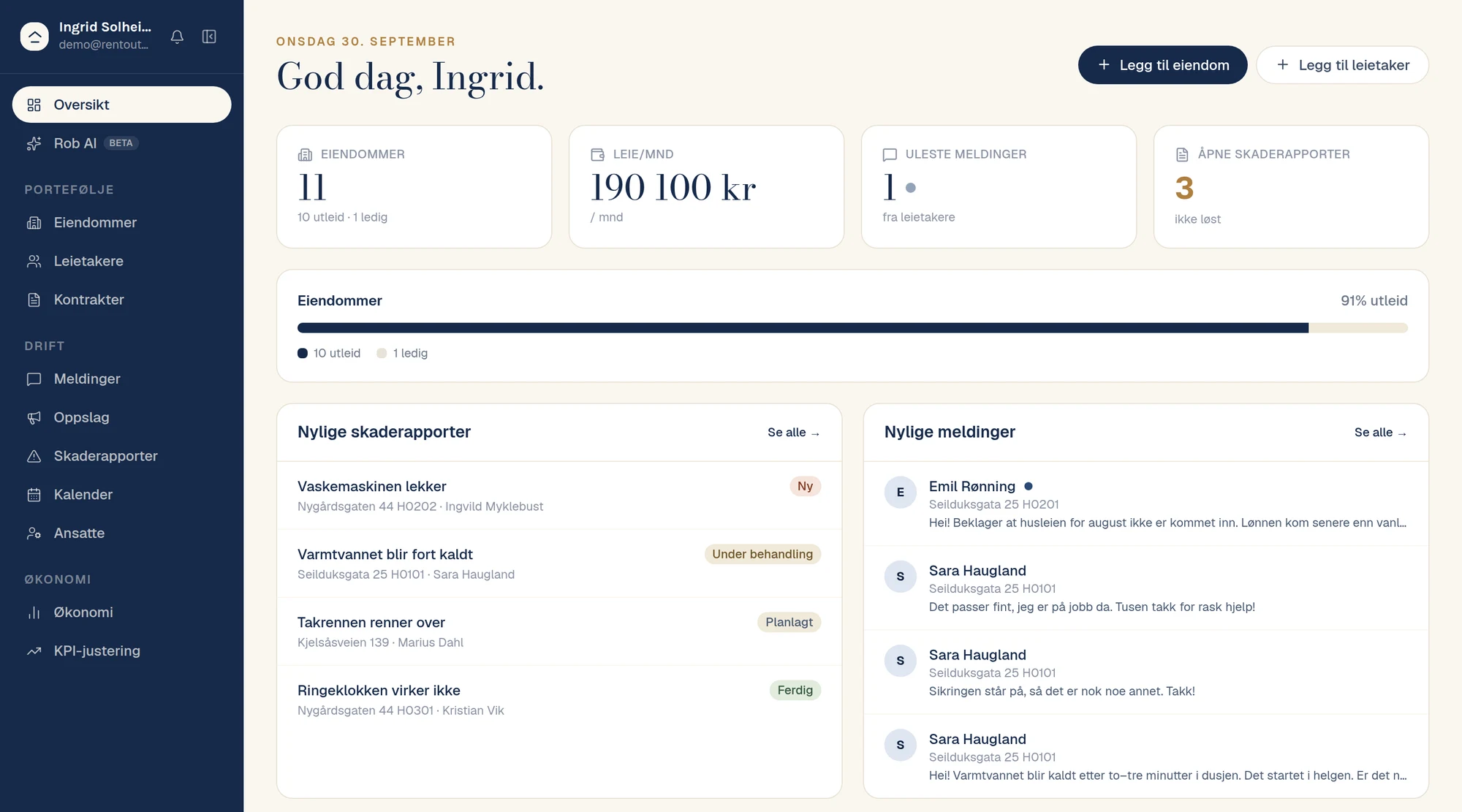 Oversikten i Rentoutbase med eiendommer, husleie, meldinger og skadesaker